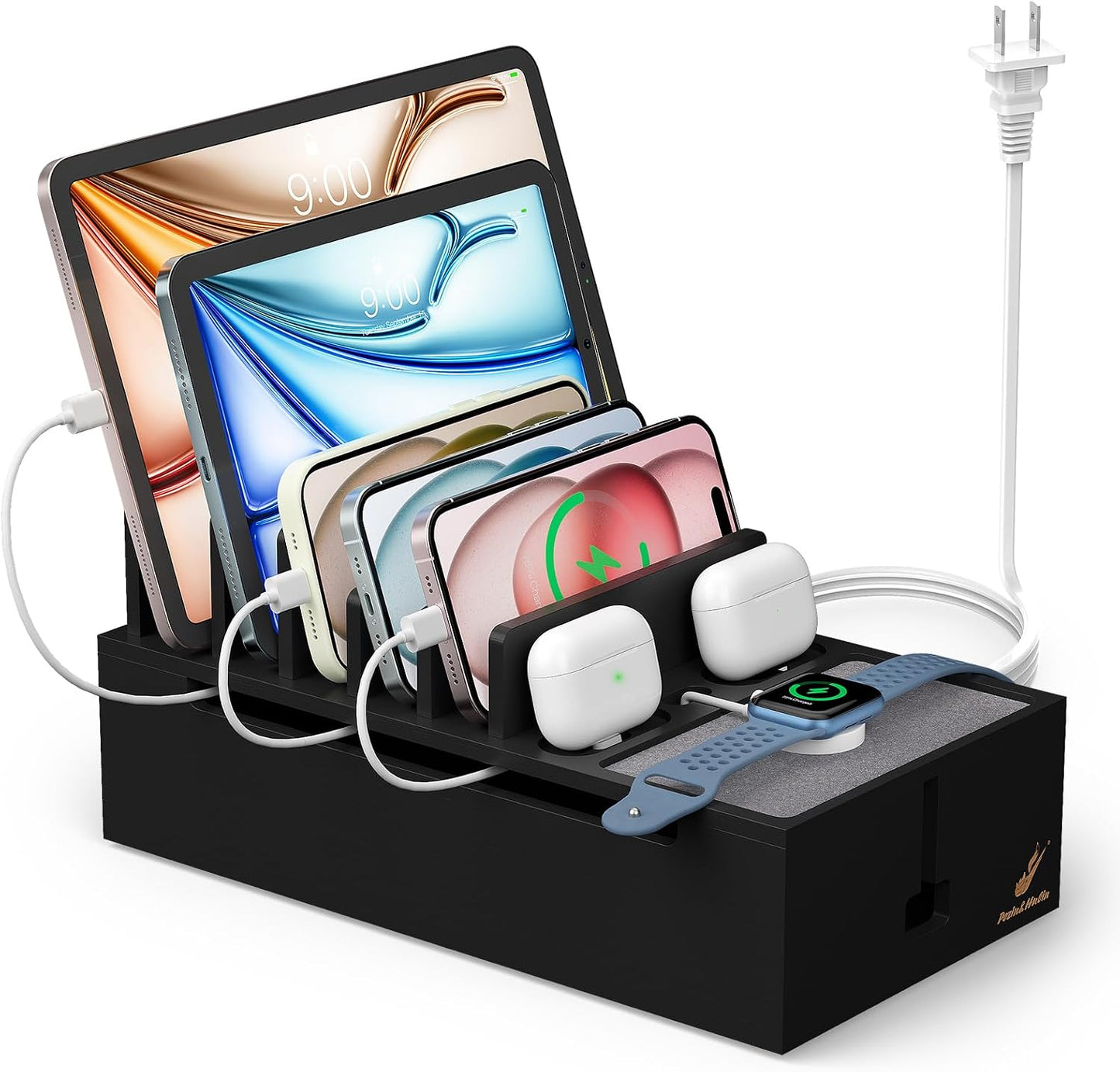 Pezin & Hulin Multi Charger Station Organizer - Black Bamboo | 5-Port HUB with 6 Cable, Cable Management Box, Cord Organizer for Desk, Wire Organizers and Storage for Cord and Power Strip