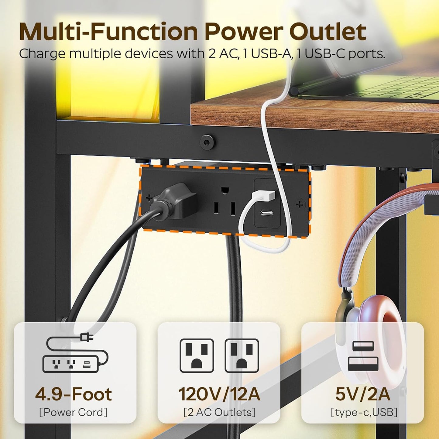YATINEY Small Computer Desk with Charging Station and LED Lights, Gaming Desk with Monitor Stand, 2-Tier Home Office Desk with 4 Side Hooks, for Living Room, Home Office, Rustic Brown DN01UDBRY2