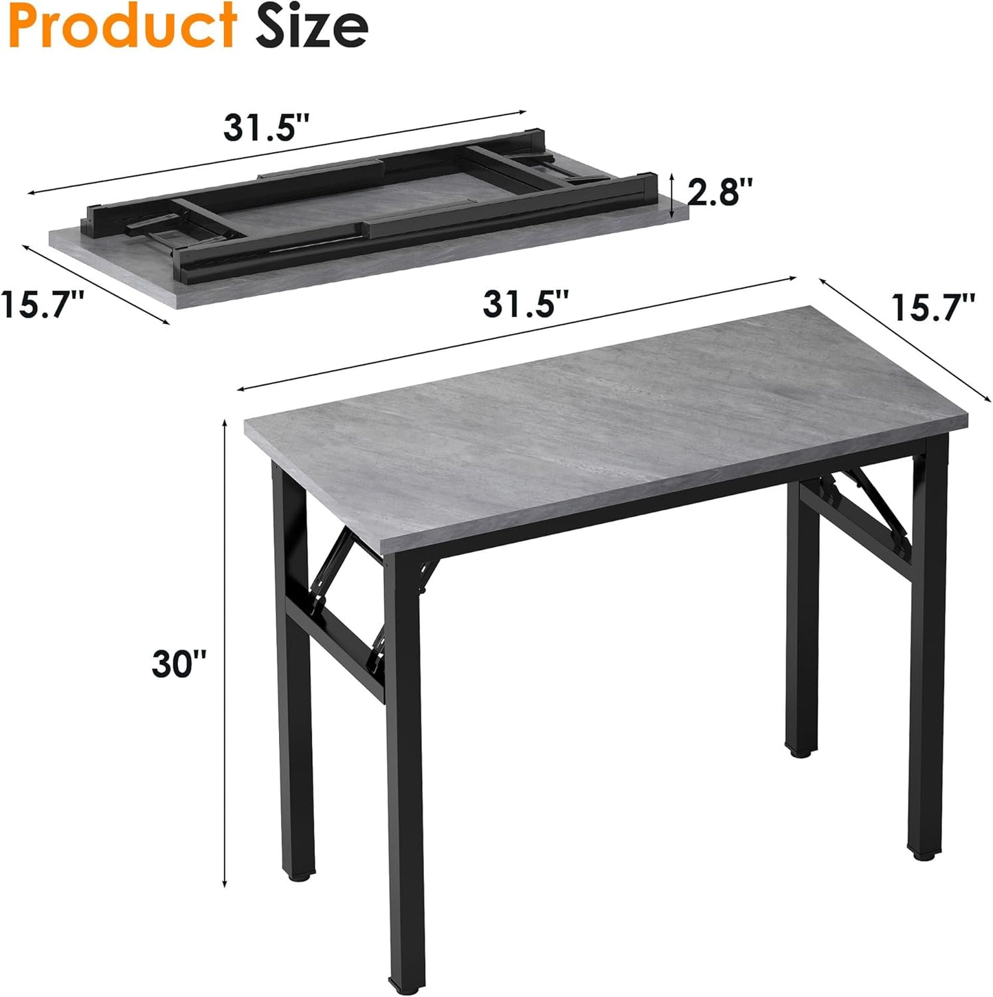 Need 31.5 Inch Folding Desk for Small Spaces, Home Office Computer Desk with Grey Wood Top & Black Frame, Foldable Writing Table for Study, Bedroom, Dorm Room & Student