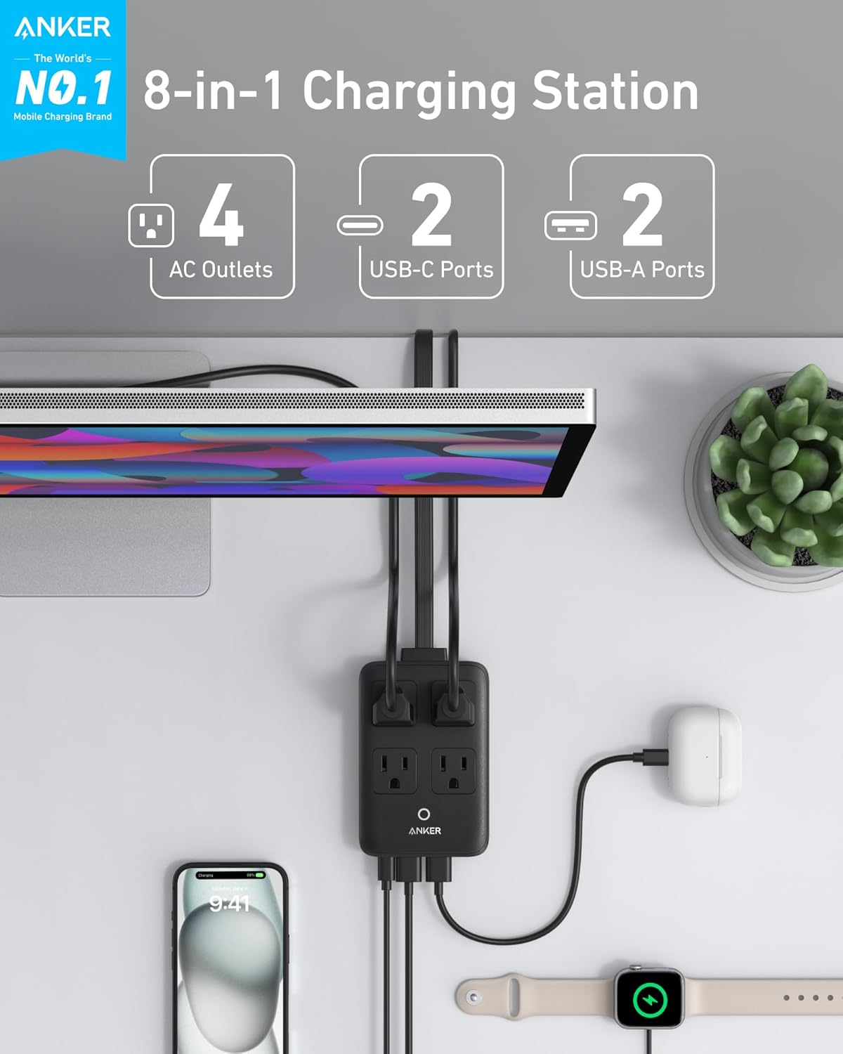 Anker Charging Station, 20W Max 8-in-1 USB-C Power Strip for iPhone 15/14 and MacBook Air/Pro, 5 ft Thin Cord with 4 AC, 2 USB-A, and 2 USB-C Ports, Fast Charging Desktop Charger for Travel, Office