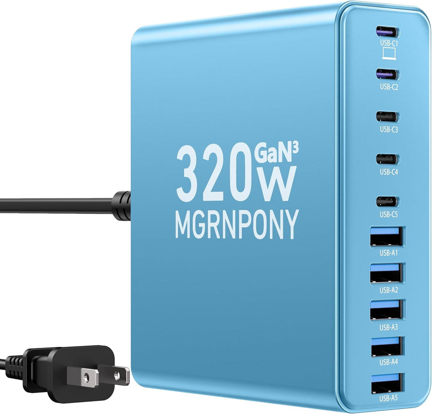 320W USB C Charger Block, 10-Port USB C Charging Station GaN III PD 65W Laptop Fast Charger Adapter for MacBook Pro/Air, DELL, iPad, iPhone, Samsung Galaxy Black
