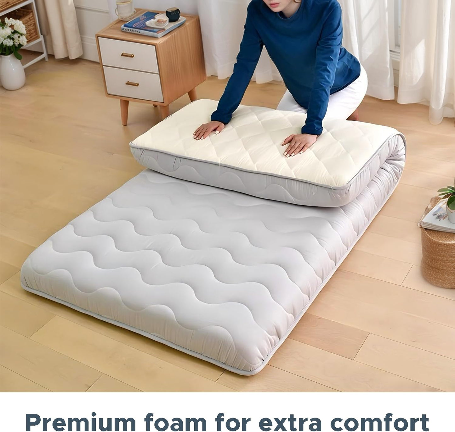 Japanese Futon Floor Mattress, 100% High Density Comfortable Foam, 3.5" Thicken Foldable Mattress Tatami Mat Sleeping Pad, Ideal for Comfort and Support, Kids Floor Lounger Pillow Bed Sofa (Twin）