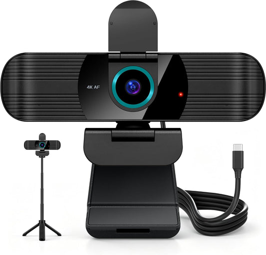 Pro UHD 4K/30fps Webcam with Tripod, External USB-C Camera for PC/Laptop