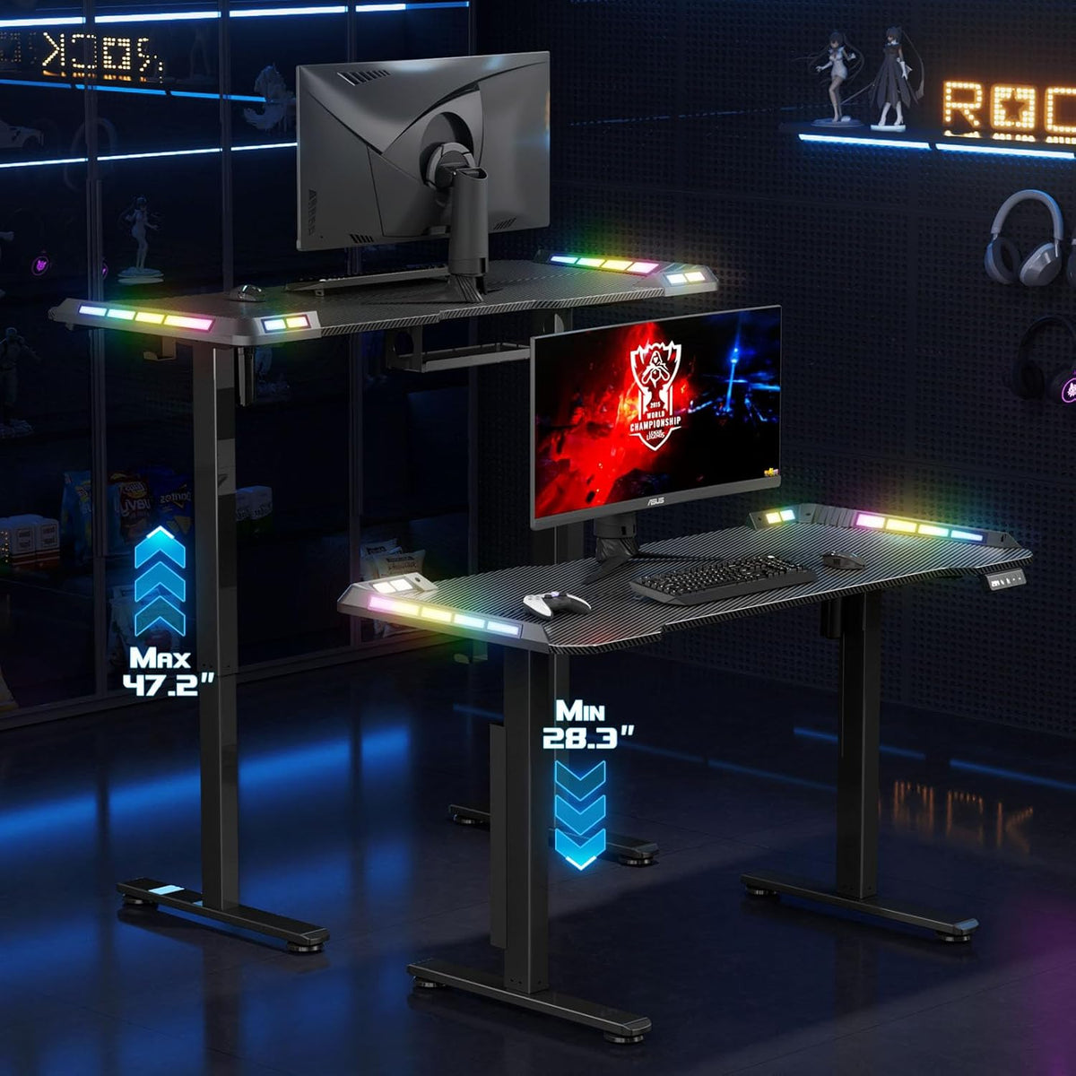 Flycity Gaming Standing Desk with LED Lights & APP Control, 48" x 24" Gaming Table with Music Sensing, Underdesk Cable Storage Electric Standing Desk, Black Carbon Fiber PC Desk for Home Office