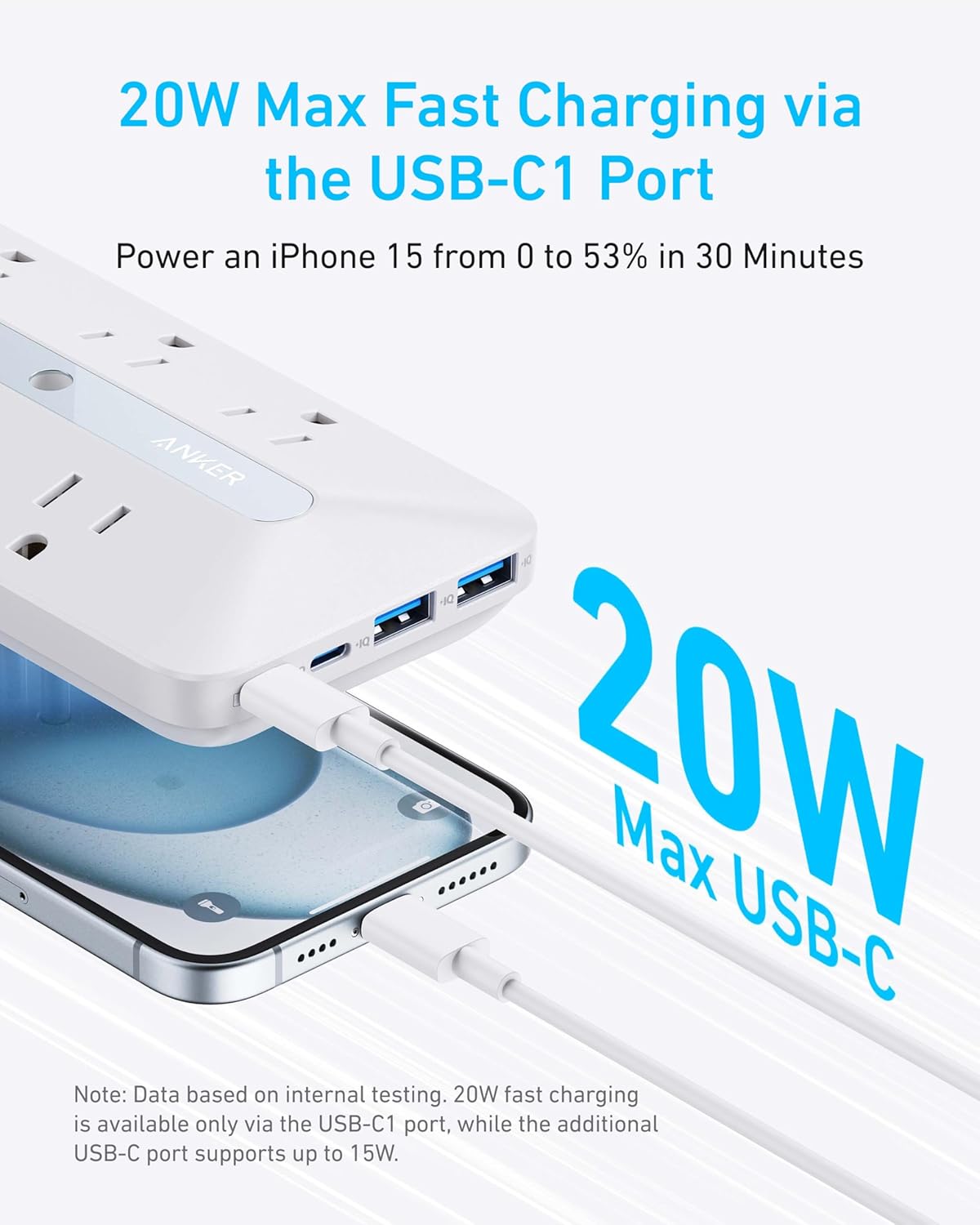 Anker Outlet Extender, Power Strip with 300J Surge Protector, 10-in-1 with 6 AC, 2 USB A, 2 USB C Ports, Wide-Spaces Outlets and 20W Fast Charging, Dorm Room Essentials