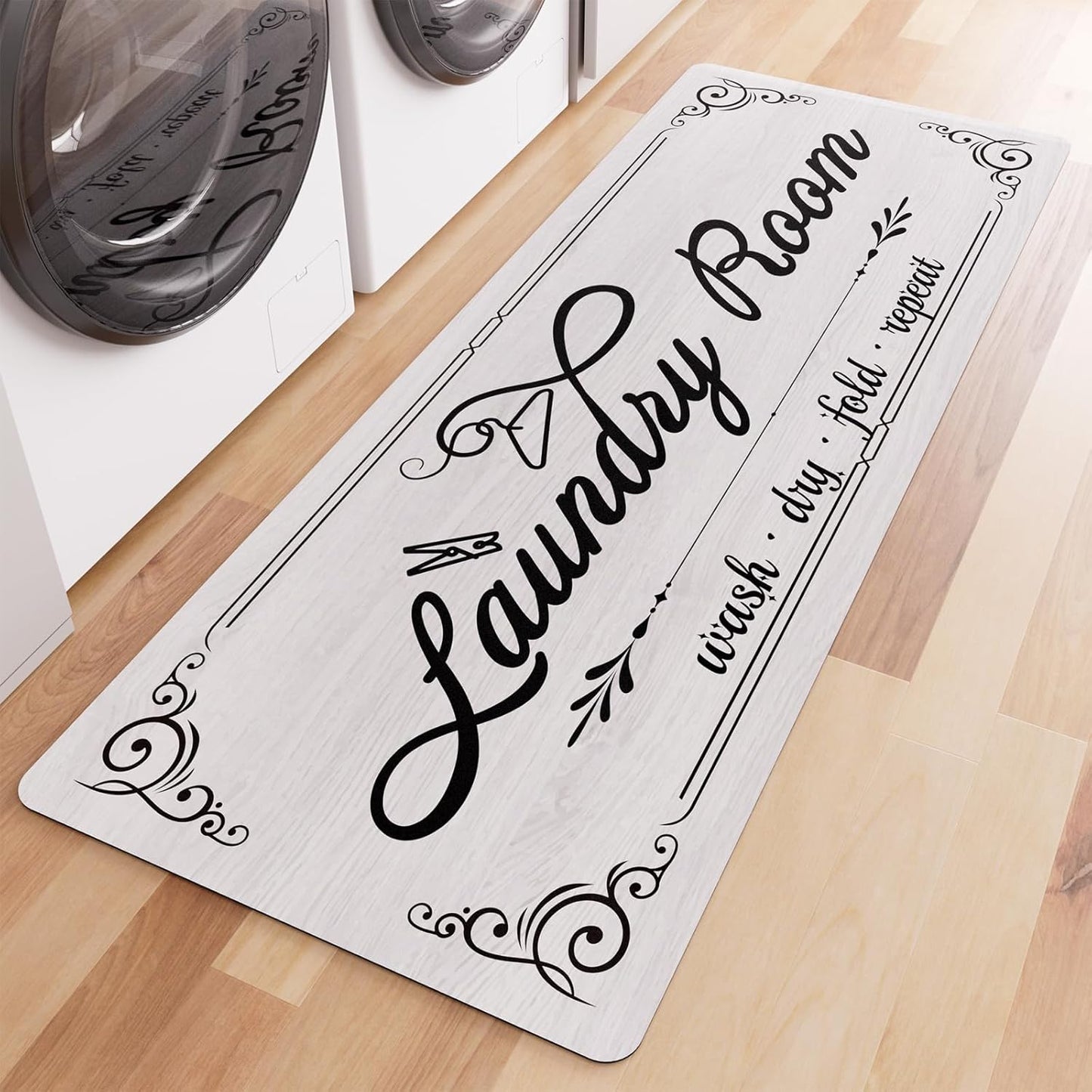 Non-Slip Laundry Room Rug Runner 17.3"x47.2" Washable White Farmhouse Bathroom Mudroom Kitchen Mat for Entryway Washer and Dryer Carpet Decor Accessories