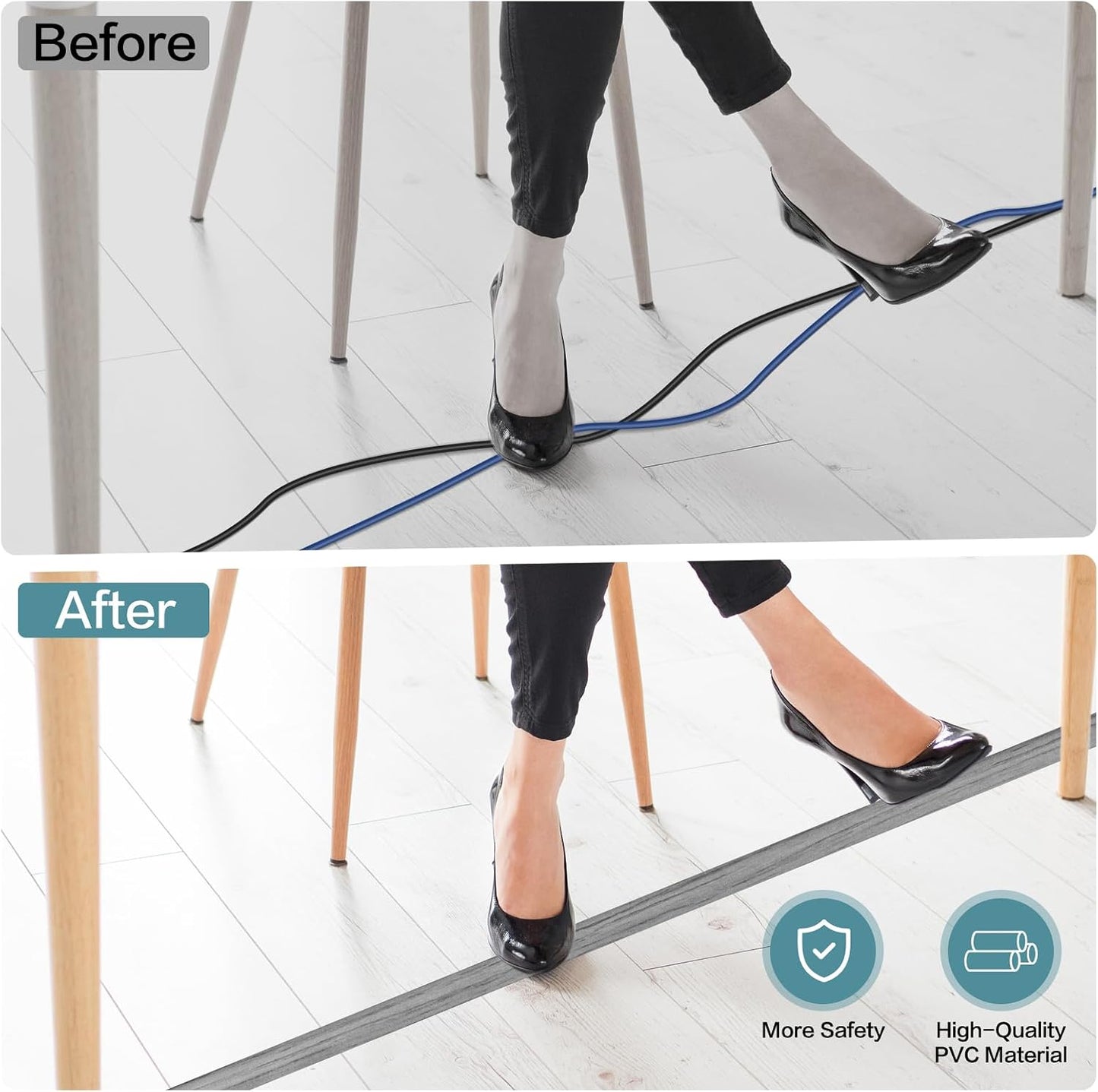 LSGCQ Floor Cord Cover Self Adhesive Cord Hider Floor Cable Management | Cord Covers for Wires on Floor Cable Cover, Prevent Cable Trips, Cable Cavity 0.47" W x 0.27" H, 10Ft, Light Grey Wood