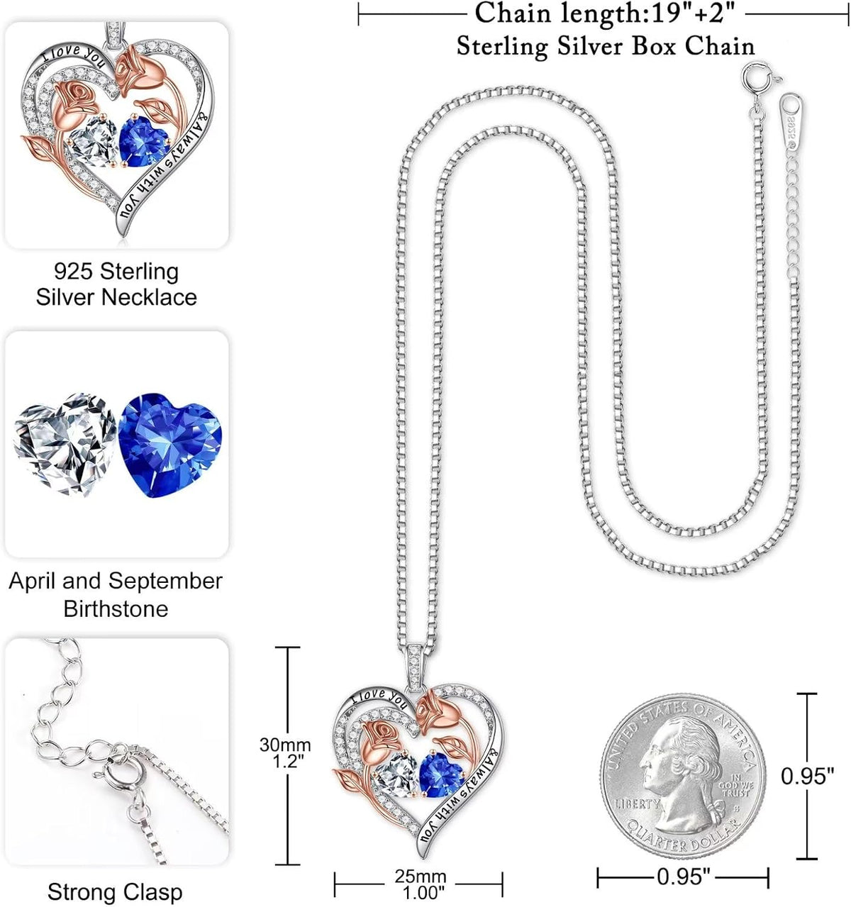 Iefil Birthstone Necklace for Women - Rose Heart Necklace