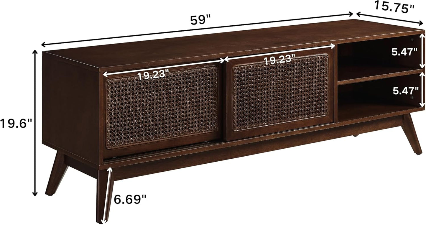 LKTART 59" Rattan Mid Century TV Stand,Entertainment Center,Media Console | Real Wood Veneer Mid Century Modern TV Stand for Living Room,Rattan Media Console Cabinet with Solid Wood Legs,Dark Walnut