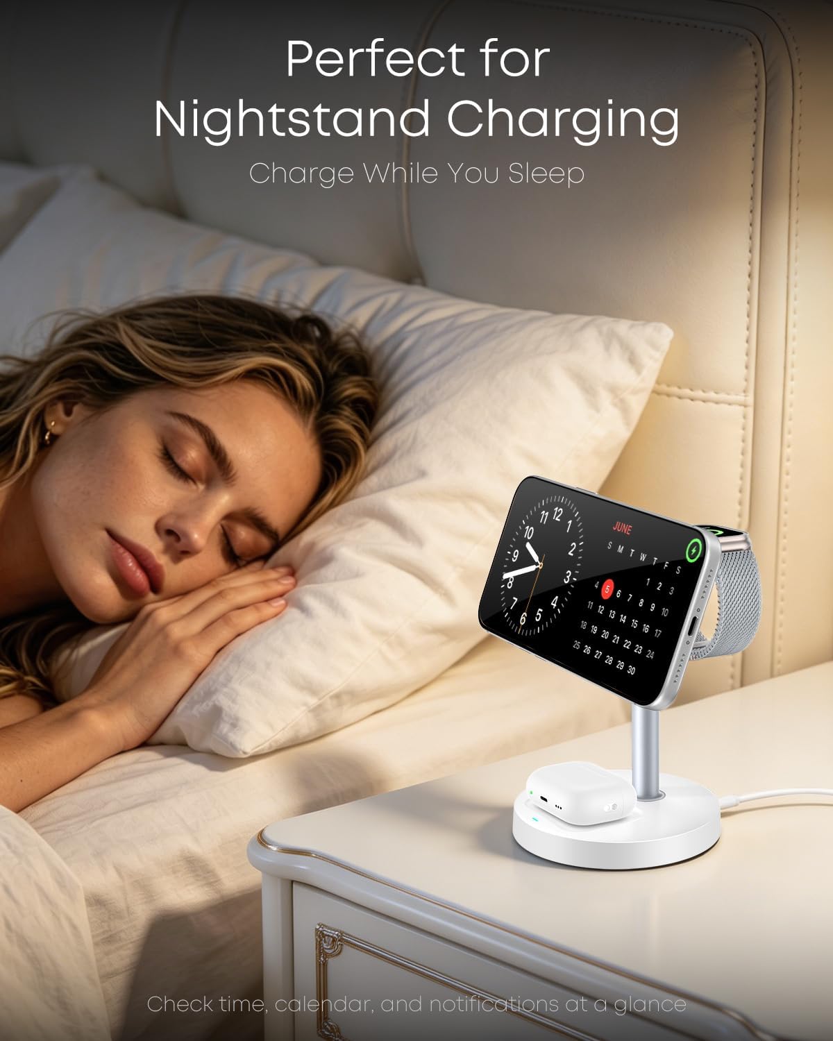 3 in 1 Magnetic Wireless Charging Station, 15W Charger for iPhone, White | Compatible with iPhone 12-17 Series, Apple Watch & AirPods, Charges 3 Devices Together, 18W Adapter Included, 3-Year Warranty
