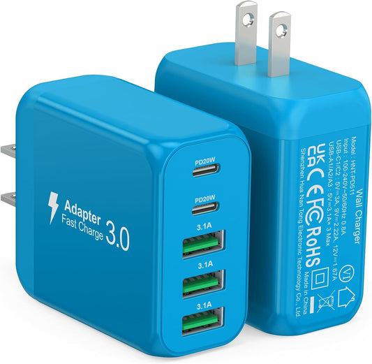 2-Pack USB C Wall Charger Block,50W 5-Port C Charger Fast Charging Block PD Power Adapter +QC Multiport Type C Box Charger Cube USB A Wall Plug for iPhone 14/15/16/17 Pro Max,Samsung Galax