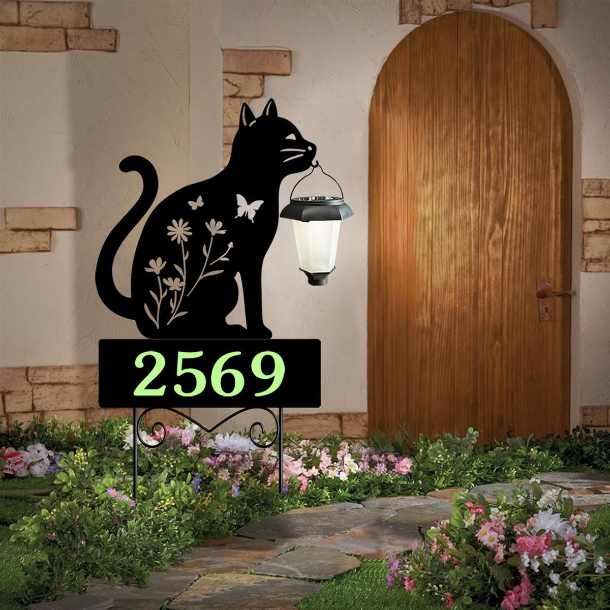 Solar Address Signs for Houses,Metal Cat House Number Outside Yard Stakes
