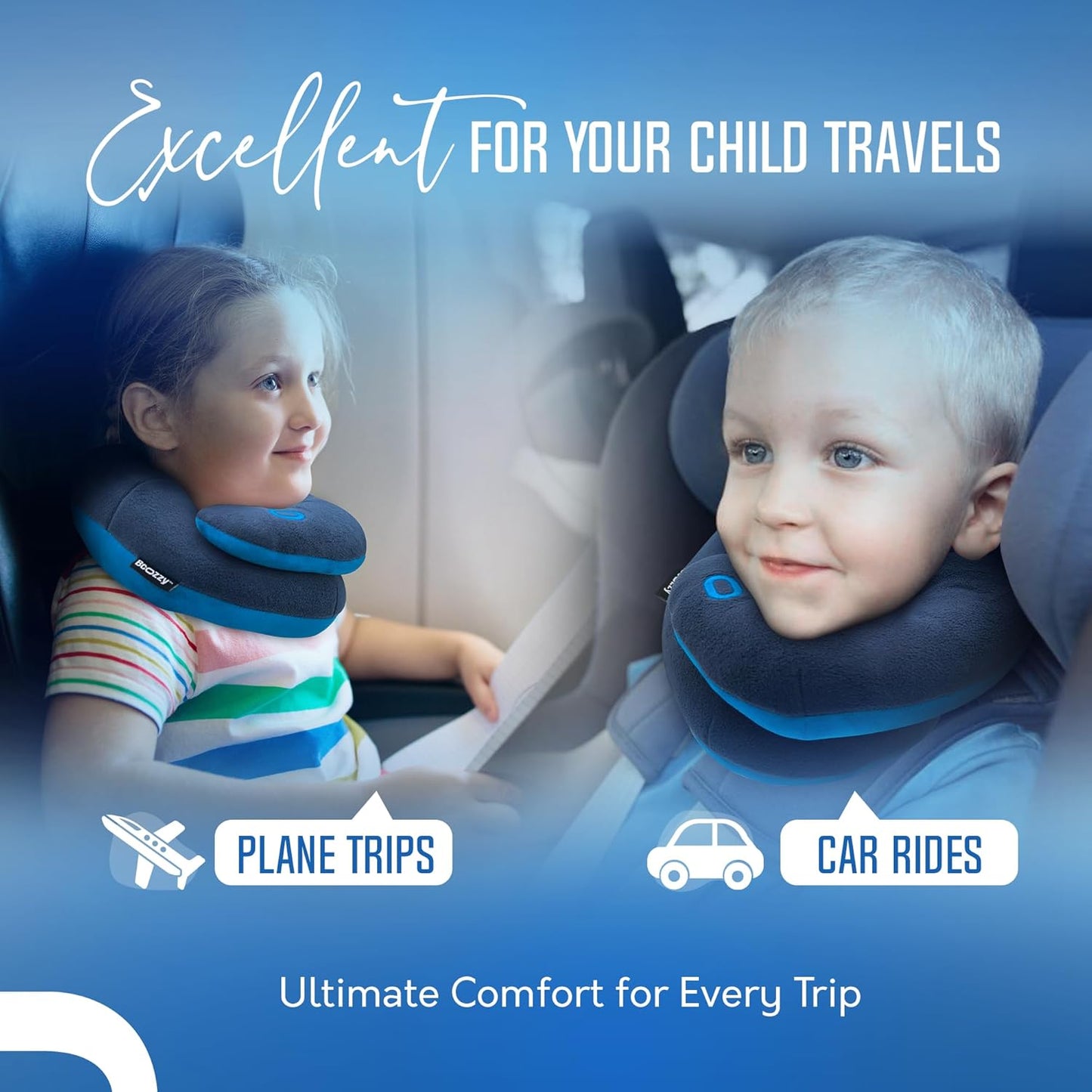 BCOZZY Kids Travel Neck Pillow (3-7 Y/O)- Patented Soft Toddler Pillow for Head & Chin Support in Car Seat, Airplane, and Road Trip Sleeping. Adjustable Size. Washable. Carry Bag. Small, Light Blue