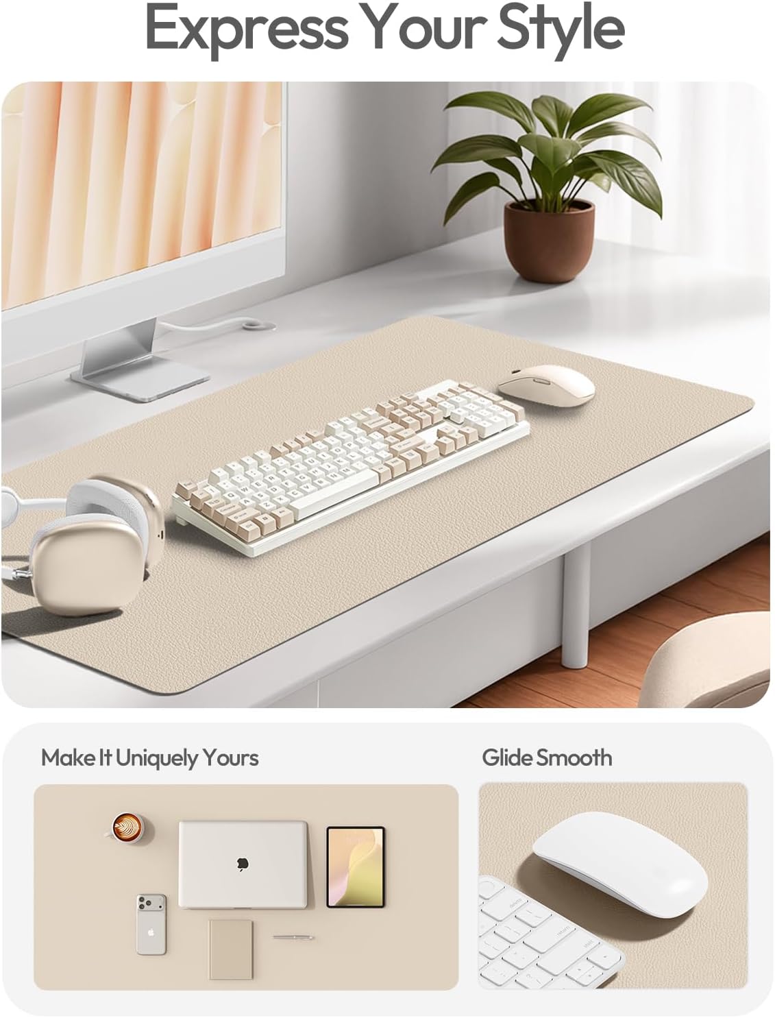 YSAGi Leather Desk Protector, Office Mat, Large Mouse Mat, Non-Slip PU Leather Blotter, Laptop Desk, Waterproof Writing Pad for Office and Home (Eggshell, 35.4" x 17")