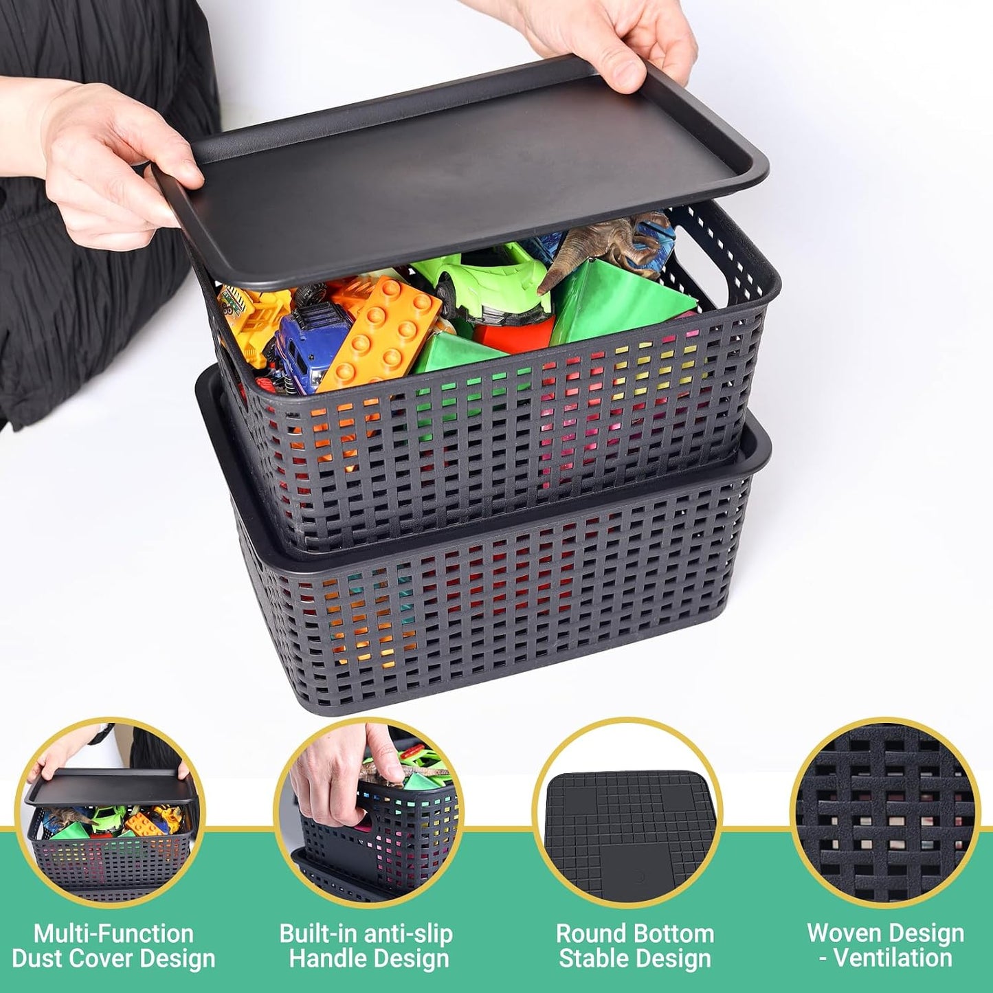 Ohmlove 8 Pack Plastic Storage Baskets with Lids for Organization | Stackable Storage bins, Storages Baskets for Organizing Shelves Drawers Desktop Closet Playroom Classroom Office, Black