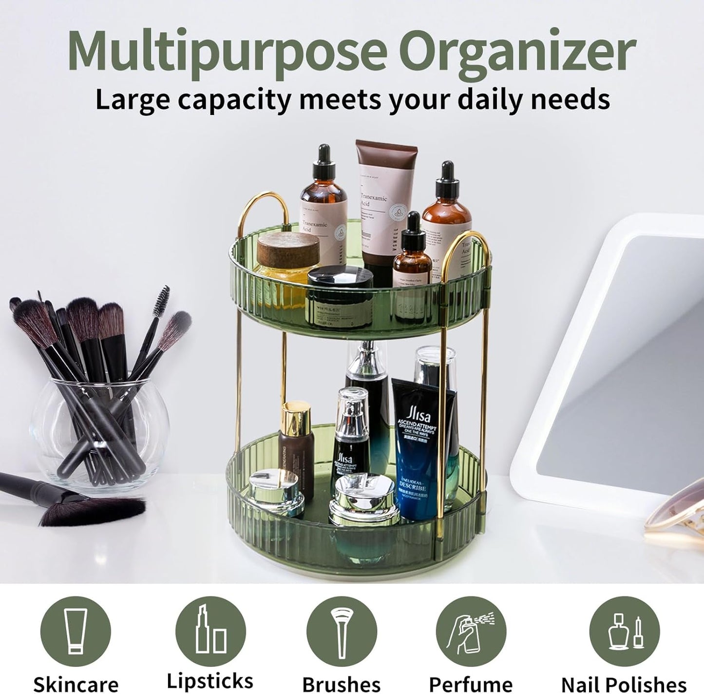 Asayuee 360 Rotating Makeup Organizer for Vanity,2 Tier Large Capacity Skincare Organizers,Bathroom Counter Organizer, Spinning Perfume Organizer & Vanity Organizer (Green-2 Tier)
