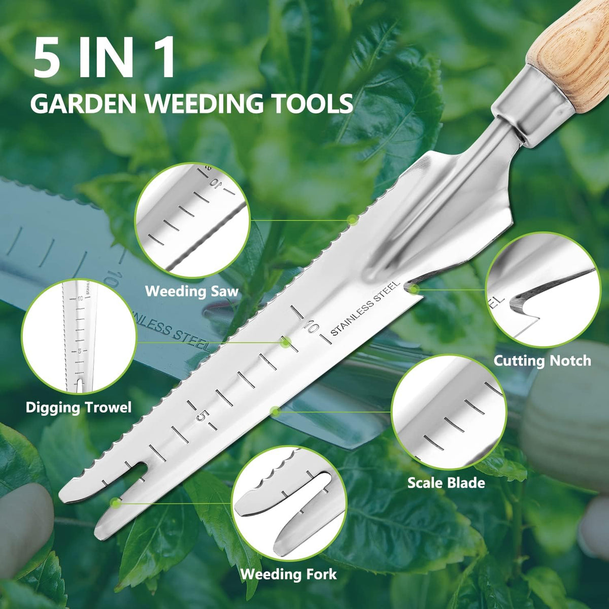 Garden Hand Weeding Trowel, 5-in-1 Stainless Steel Weeder Puller