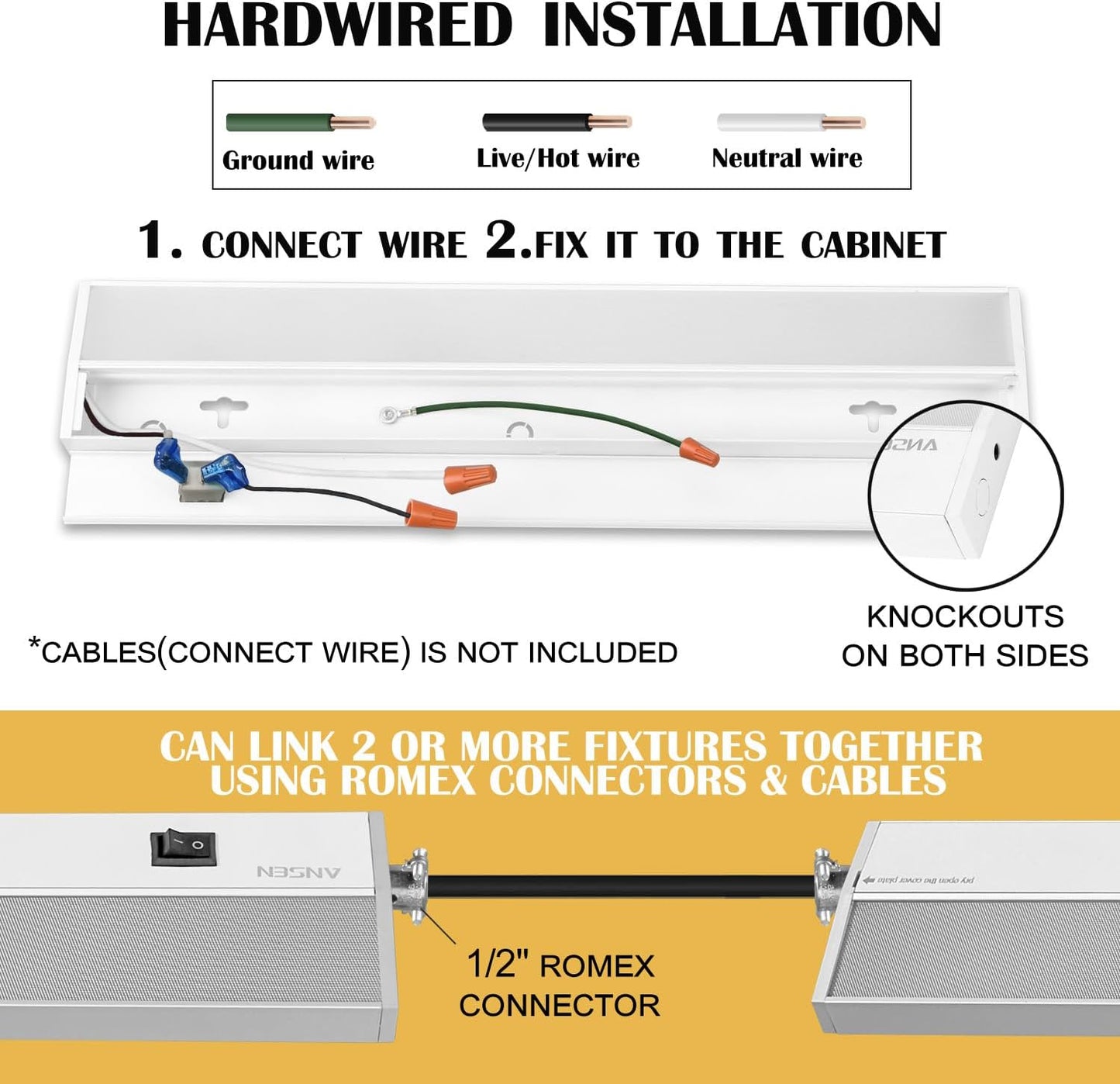 Ansen Hardwired Under Cabinet Lighting, 24in 18W LED Light for Kitchen/Closet, 1237lm, CRI>92, R9>90, 5 Color Temperature, Dimmable, 2700K-5000K(Warm White, Cool White, Daylight)