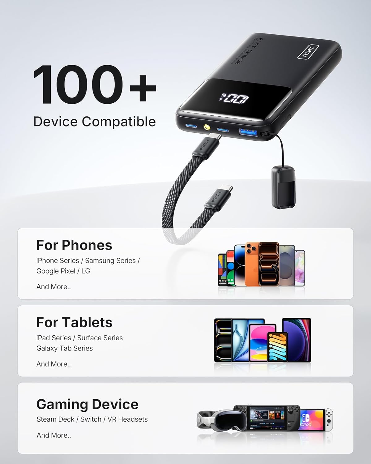 INIU Ultra Compact Portable Charger, 10000mAh 45W Fast Charging Power Bank with Detachable USB-C Cable & Stand, Flight-Safe Travel Battery Pack for iPhone 17 16 15 Pro Max Air, Samsung S26, iPad, etc