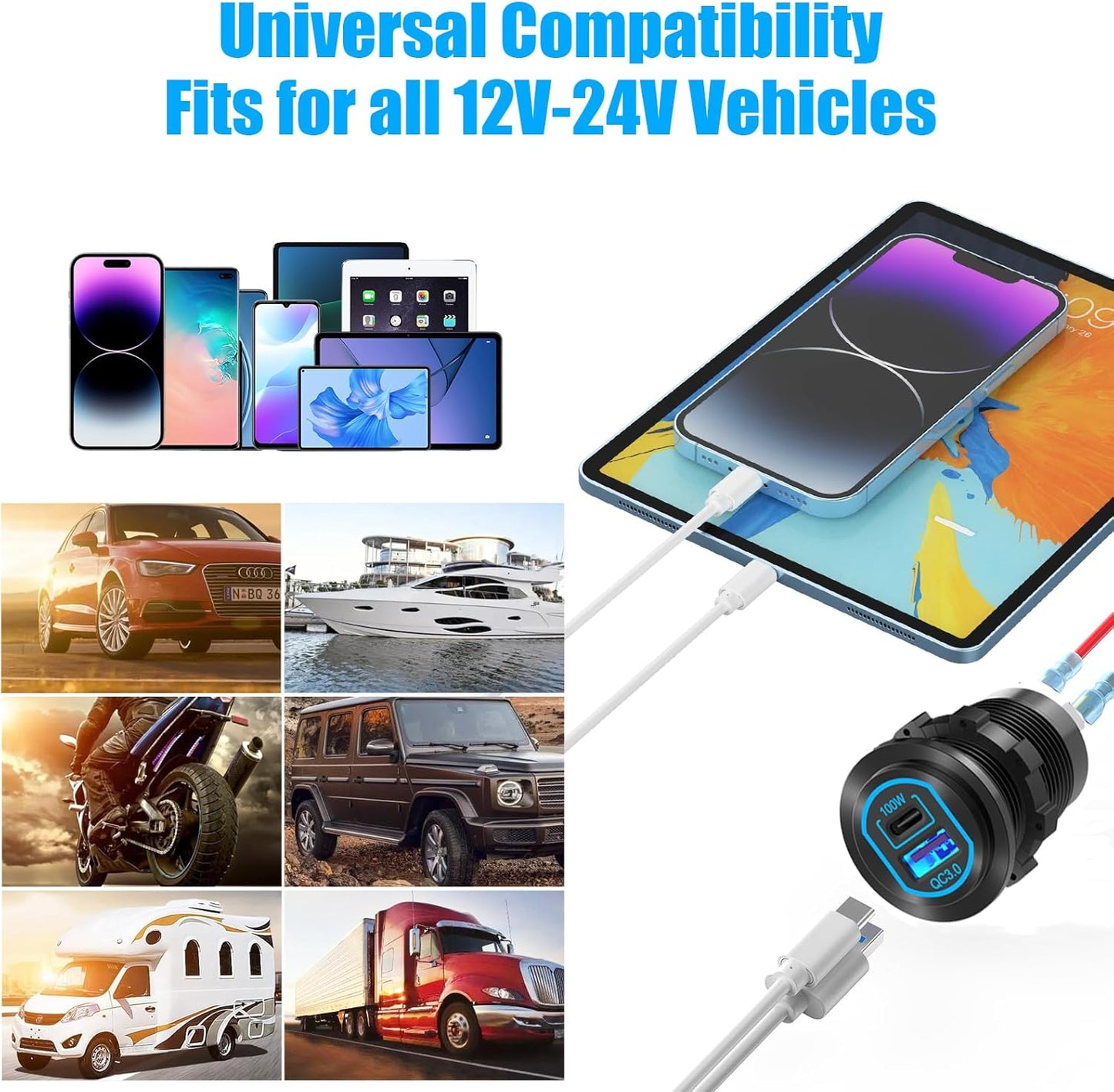 12V USB Outlet PD 100W USB C and QC3.0 18W Port Aluminum Car Charger Socket for Laptops Tablets Phones, Cigarette Lighter Replacement Car Accessories DIY for RV Camper Truck Boat Golf