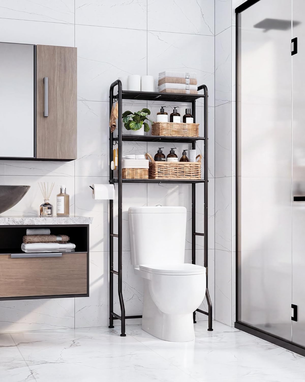 Kitsure Over Toilet Storage Rack - Metal Over Toilet Bathroom Organizer Shelf, Over the Toilet Storage Cabinet with Paper Holder and Hooks, Bathroom Cabinet for Laundry, Black, 3 Tiers (63.2" H)