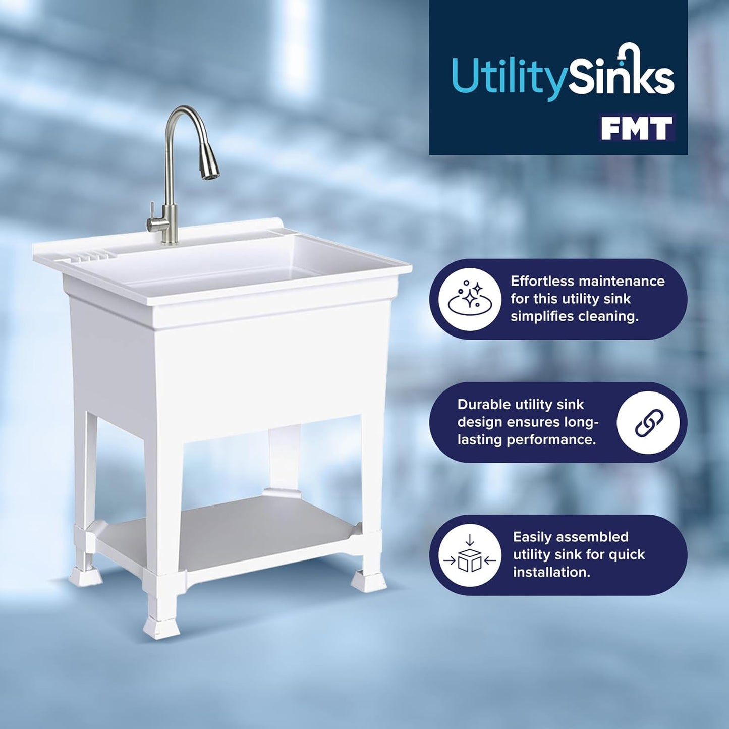 UTILITYSINKS Freestanding Utility Sink for Laundry Room & Garage, 30" x 24", White