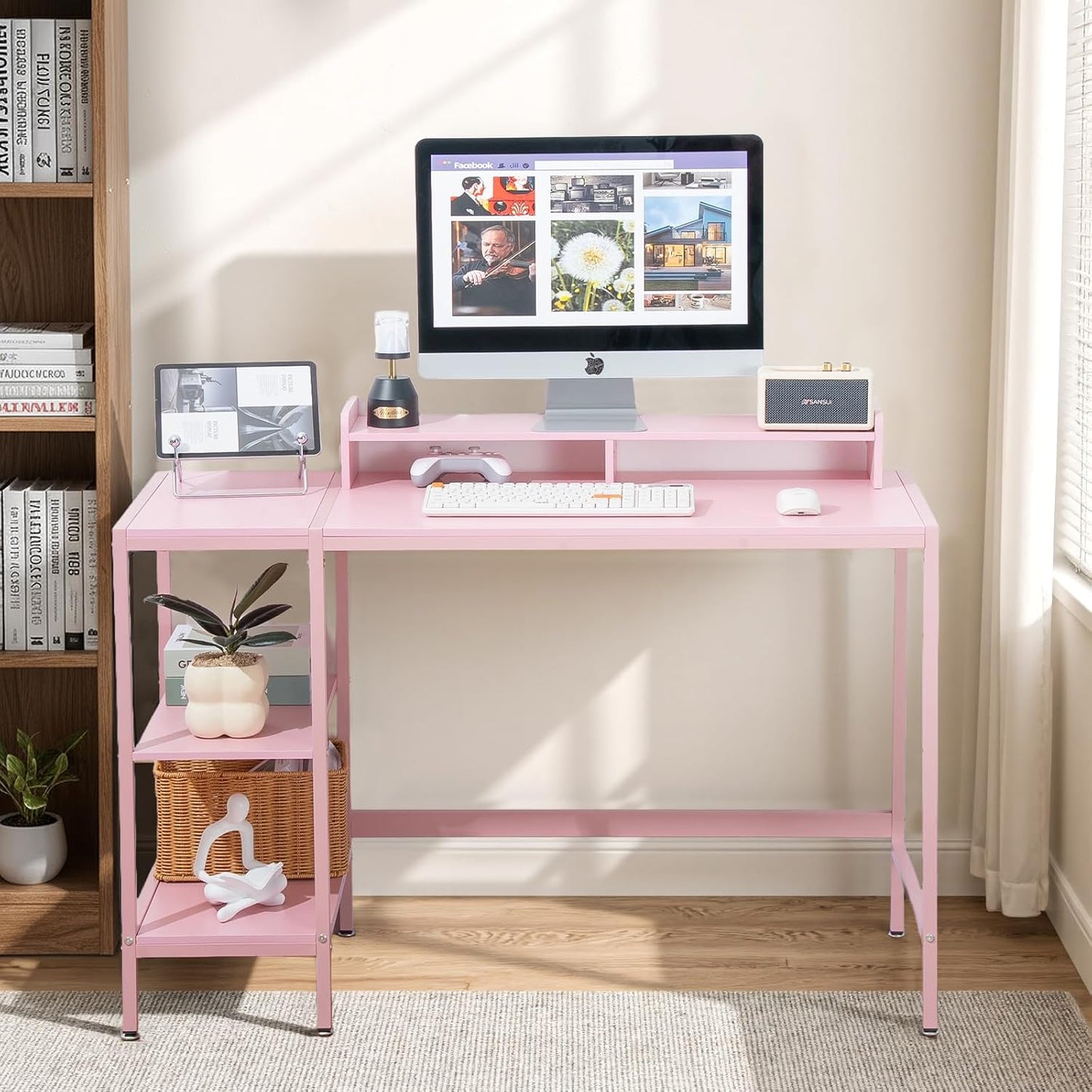 MINOSYS 47-inch Computer Desk with Storage Shelf - Ideal Gaming Desk for Bedrooms, Small Spaces, and Home Offices Modern Writing Desk for PCs,Pink Table.