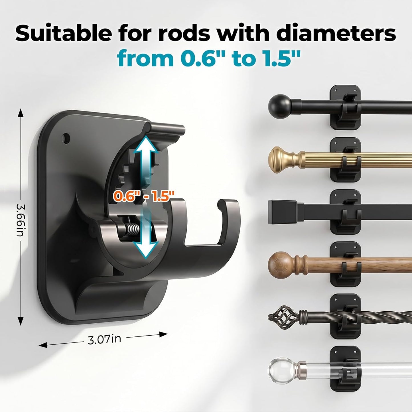 JHCJHC No Drill Curtain Rod Brackets - 20LB, 4 Pack Self Adhesive Curtain Rod Holder, Peel and Stick Wall Hooks, Renter Friendly Upgrades for Apartment, Kitchen, Bathroom, Dorm, Living Room and RV