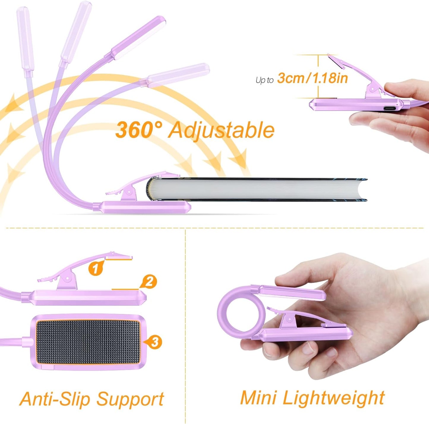 Gritin 9 LED Rechargeable Book Light for Reading in Bed - Eye Caring 3 Color Temperatures,Stepless Dimming Brightness,80 Hrs Runtime Small Lightweight Clip On Book Reading Light for Studying-Purple