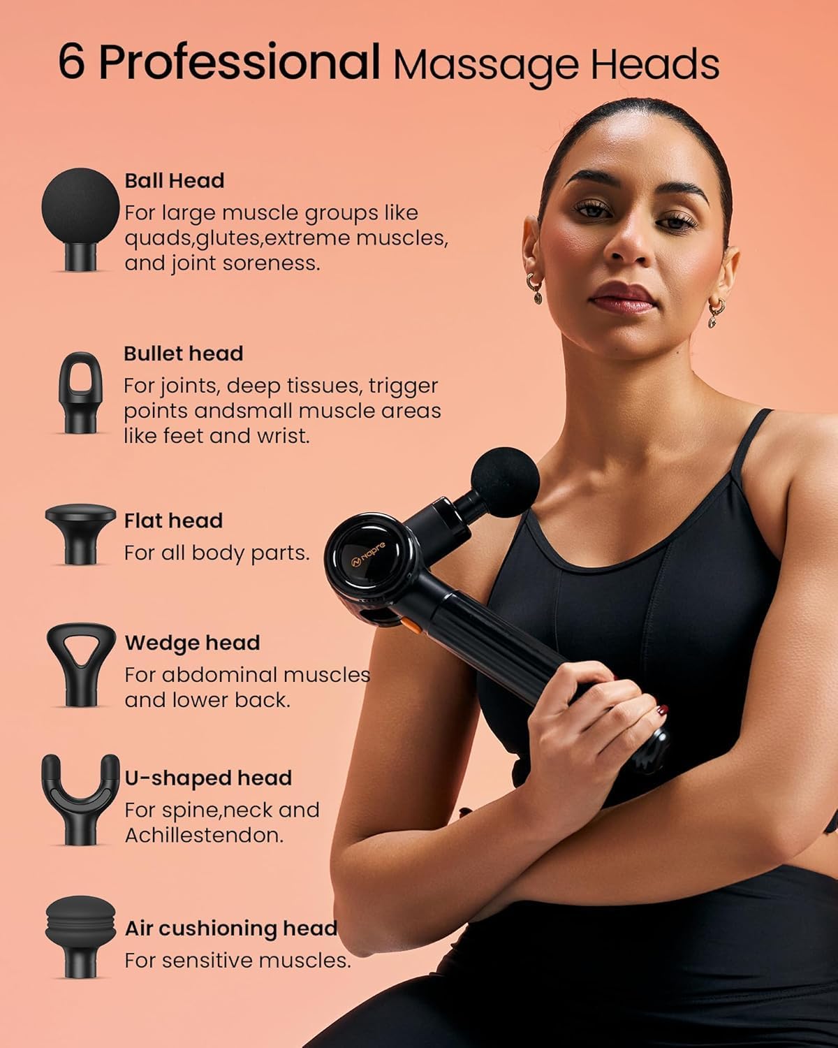NAPRE Massage Gun,Massage Gun Deep Tissue with Extension Handle & 3 Adjustable Angles,Handheld Percussion Back Massager for Muscle/Neck/Body Pain Relief,6 Heads,Black