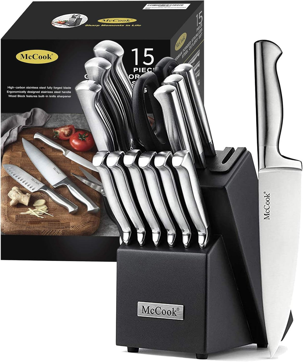McCook® Knife Sets, German Stainless Steel Knife Block Sets with Built-in Sharpener, 15 Piece Chef Knife and More, Razor Sharp, Restaurant Grade, Anti-Rust, Elegant Box for Gift