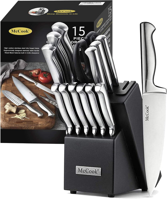 McCook® Knife Sets, German Stainless Steel Knife Block Sets with Built-in Sharpener, 15 Piece Chef Knife and More, Razor Sharp, Restaurant Grade, Anti-Rust, Elegant Box for Gift