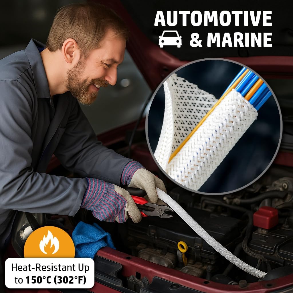 MGI SpeedWare Braided Split-Sleeve White Wire Loom for High-Temperature Automotive Harness and Home Cable Management 25 feet (1/8")