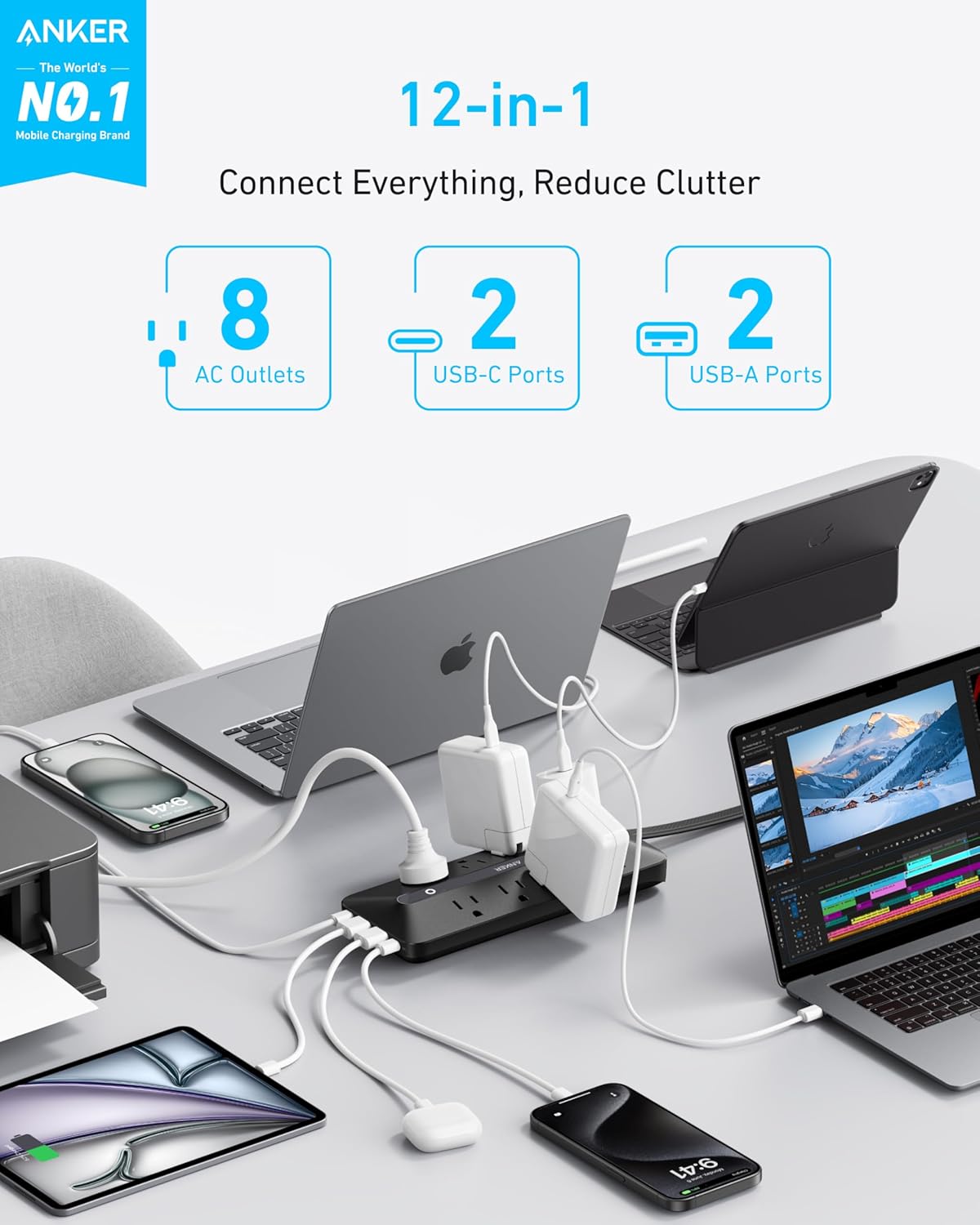 Anker Power Strip with 900J Surge Protector, Flat Plug Extension Cord with Multiple Outlets, 8 AC, 2 USB A & 2 USB C Ports for 35W Max, 5ft Outlet Extender, Dorm Room Essentials, Home Office