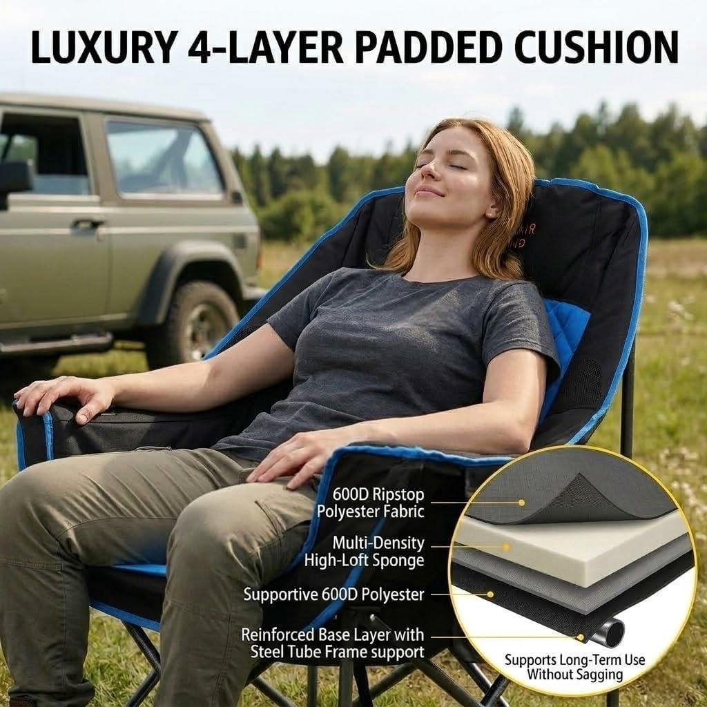 FAIR WIND 2 Pack Oversized Padded Camping Chair Heavy Duty Quad Fold Arm Chair Portable for Outdoor - Support 500LBS, Blue