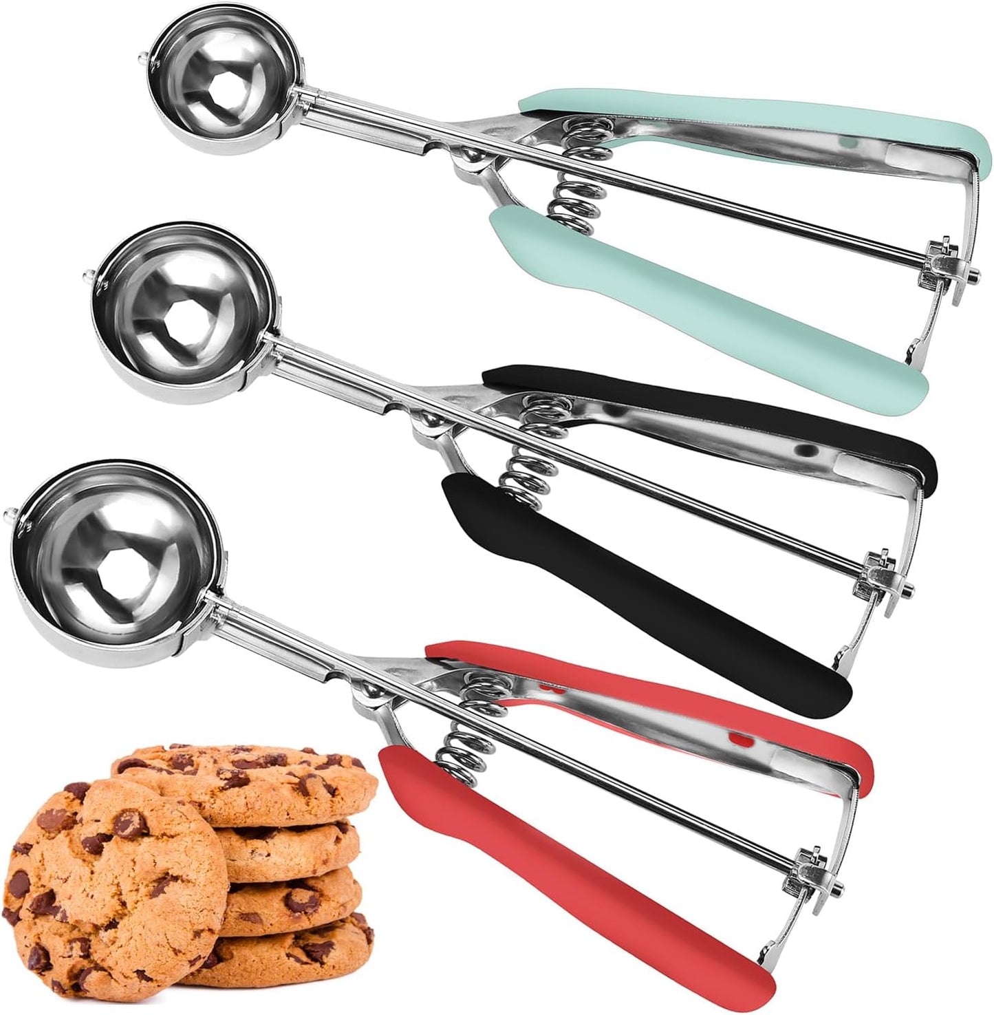 JUNADAEL J Cookie Scoop Set, Cookie Scoops for Baking Set of 3, Cookie Dough Scoop, 1 Tablespoon/ 2 Tablespoon/ 3 Tablespoon, Red/Black/Mint Handle, For Cookie Cupcake Muffin Ice Cream Truffles
