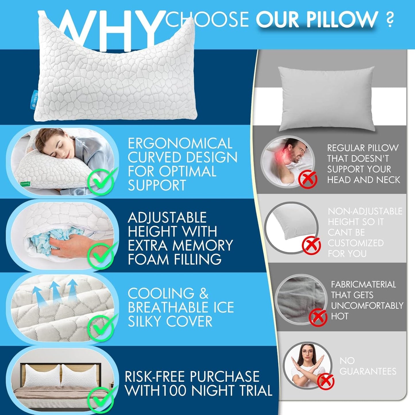 Cooling Pillow Queen Size Set of 2, Adjustable Bed Pillows for Sleeping, Luxury Shredded Memory Foam Side Sleeper Pillows 2 Pack, Cool No Flat Firm Cervical Neck Pillow for Side Sleepers Neck Pain