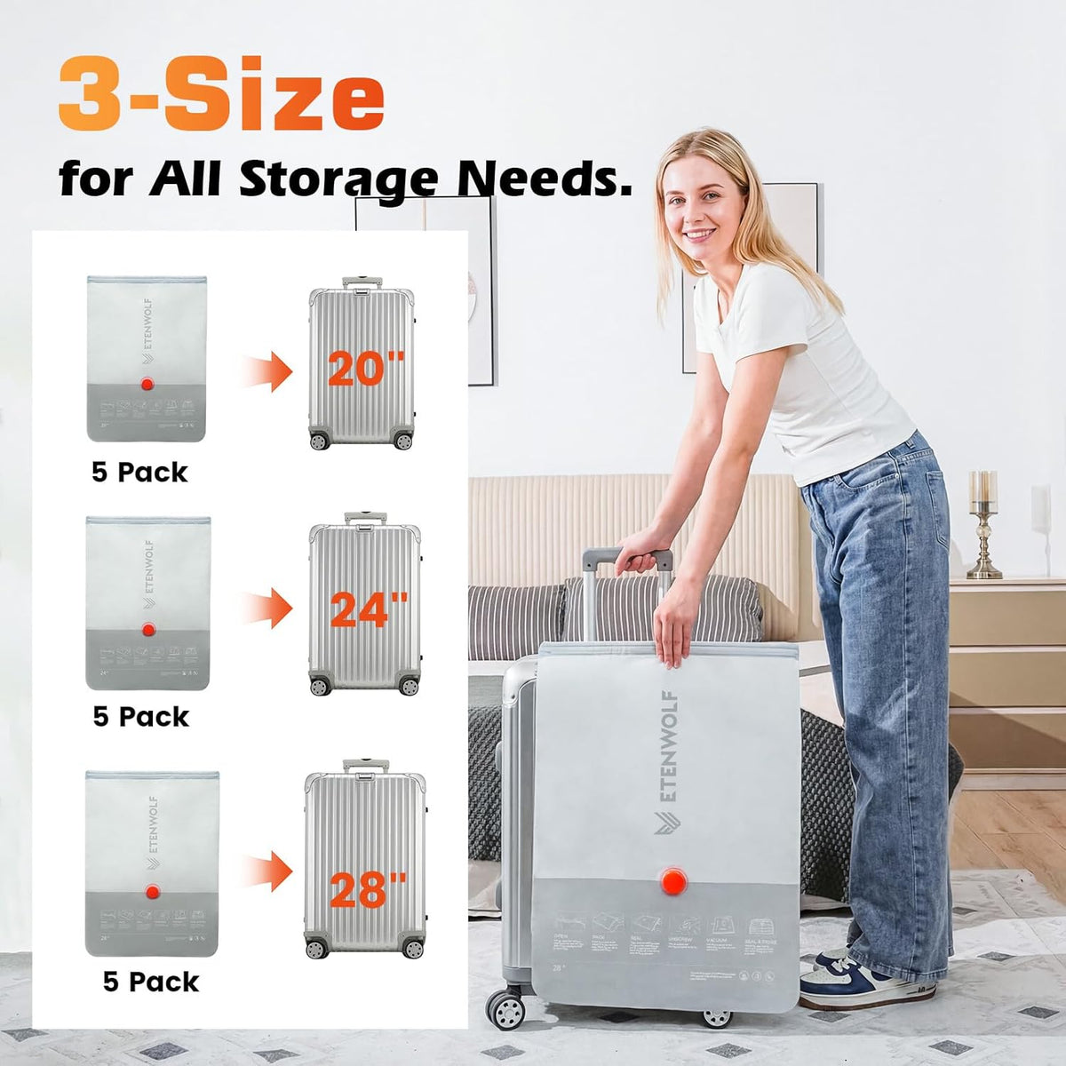 ETENWOLF 15 Pack Reusable Vacuum Seal Bags for Travel with Rechargeable Air Pump,Vacuum Compression Packing Seal for Clothes, Blankets, Seasonal Storage,Carry-On Space Saver Bags in 3 Sizes