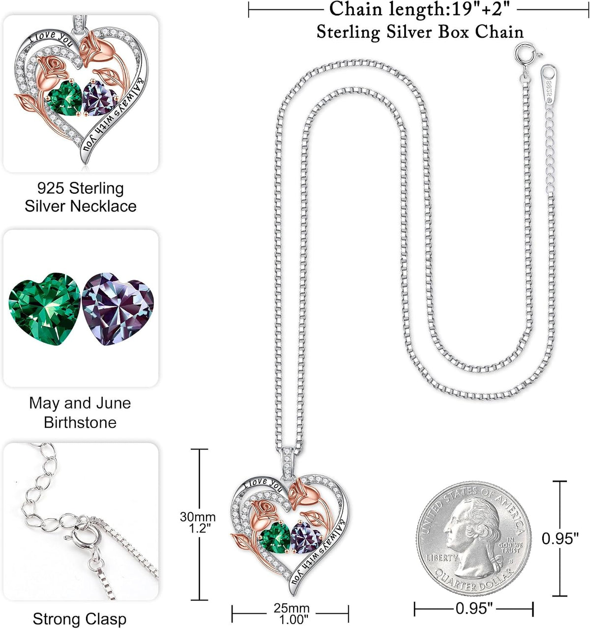 Iefil Birthstone Necklace for Women - Rose Heart Necklace