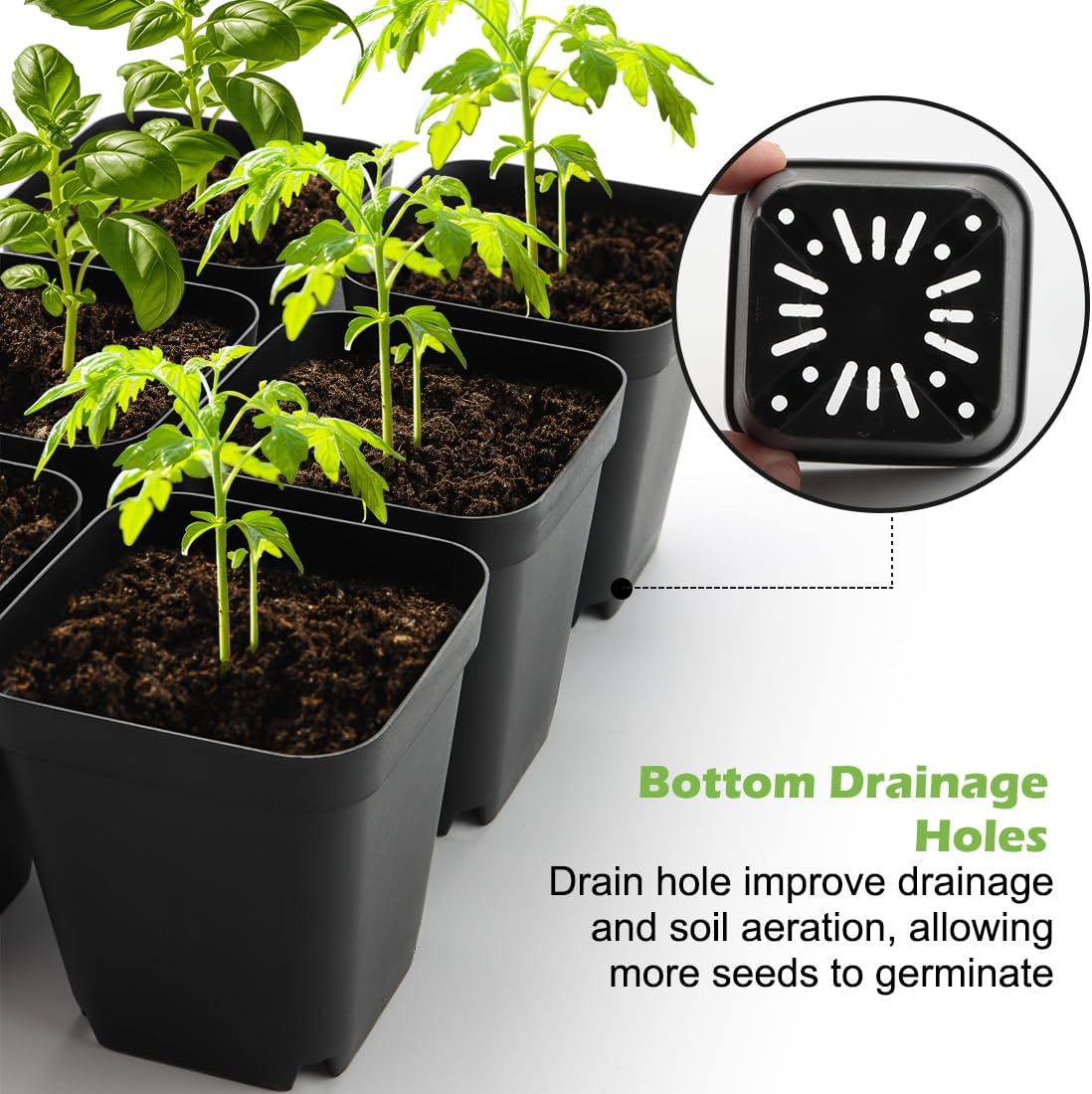 RooTrimmer 2.8 inch (7CM) Square Nursery Pots 120pcs with 5 Pack Seed Starter Trays, Durable Plastic Flat Seedling Tray (17"x11"x2") for Carrying and Holding Plant Nursery Pot (Black)