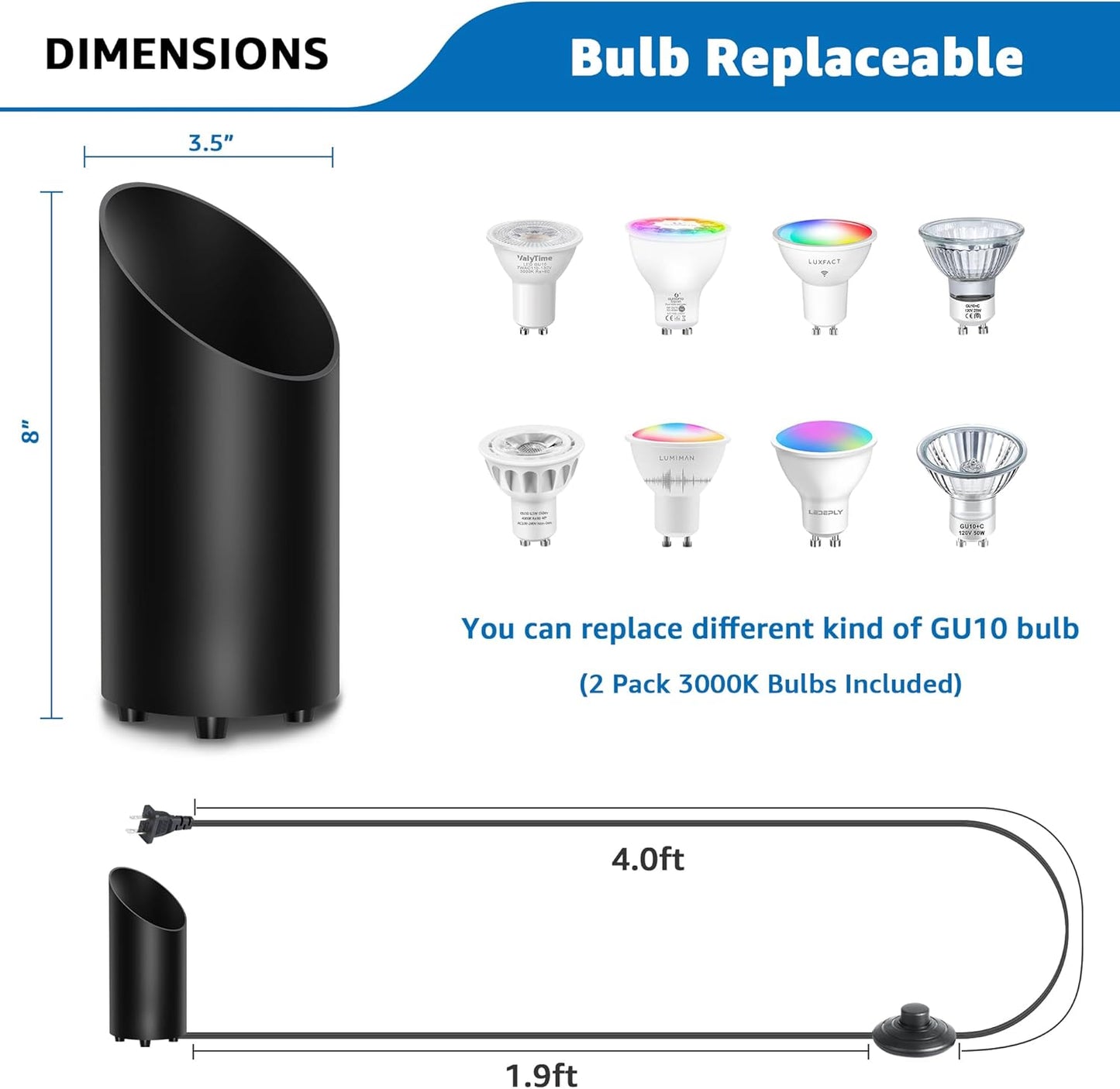 SUNVIE 2 Pack Up Lights Indoor Floor Can Light Uplighting Indoor Spotlight with 2700K GU10 Bulb Accent Lighting Floor Uplighting for Home Plant Picture, UL Listed 5.9 FT Plug Cord & Foot Switch