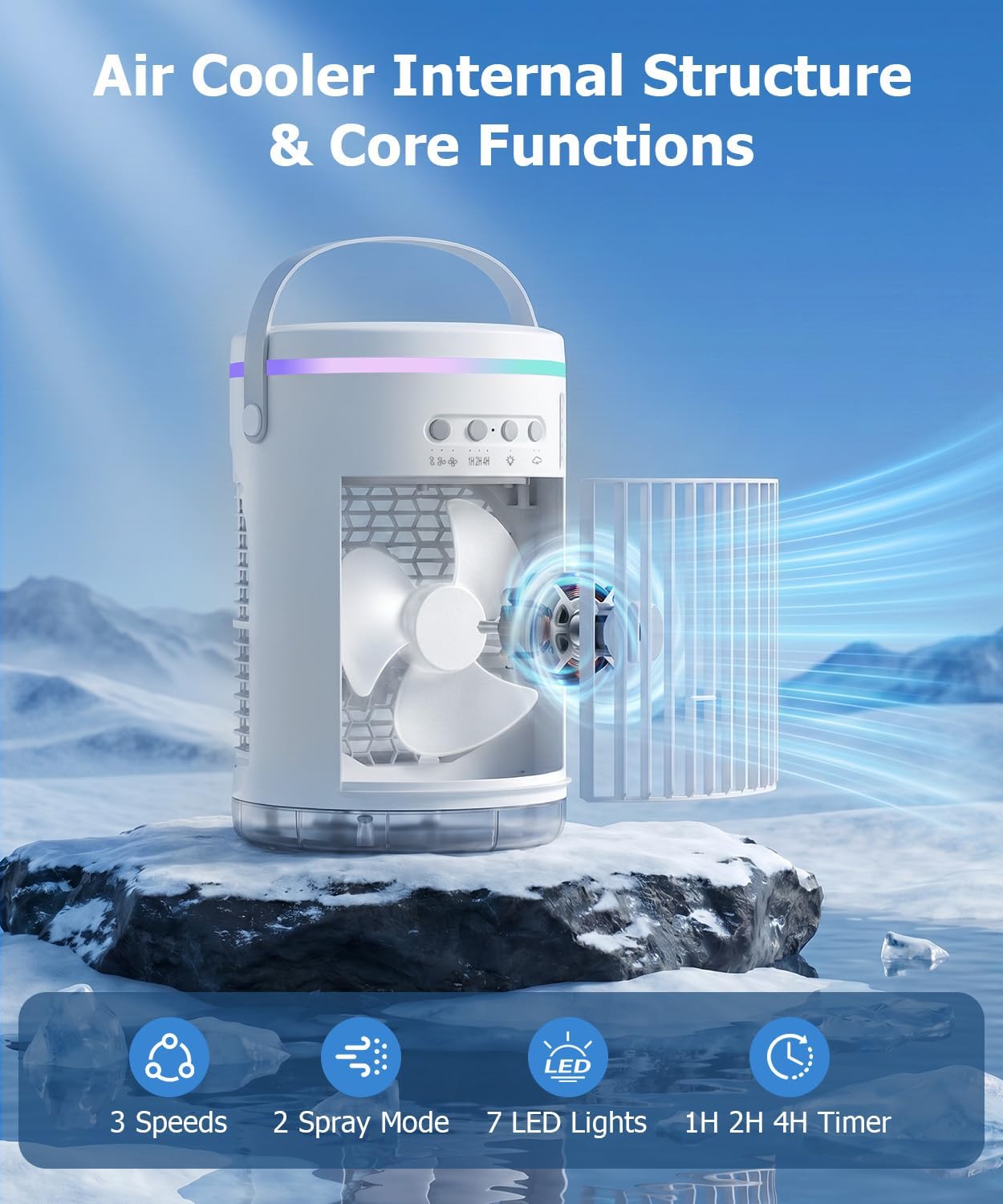 Portable Air Conditioners,4-in-1 Portable Fan，1400ml Mini Air Conditioner Air Cooler Fan with 3 Speeds & 1-4H Timer, Cooling Fans That Blow Cold Air for Bedroom Room Office Desk