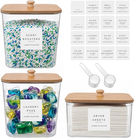 POLRAI 3 Pack Laundry Pod Containers and Dryer Sheet Holder, Laundry Room Organization Storage Containers with Lids and Labels for Detergent Pods Dry Sheet Organizing