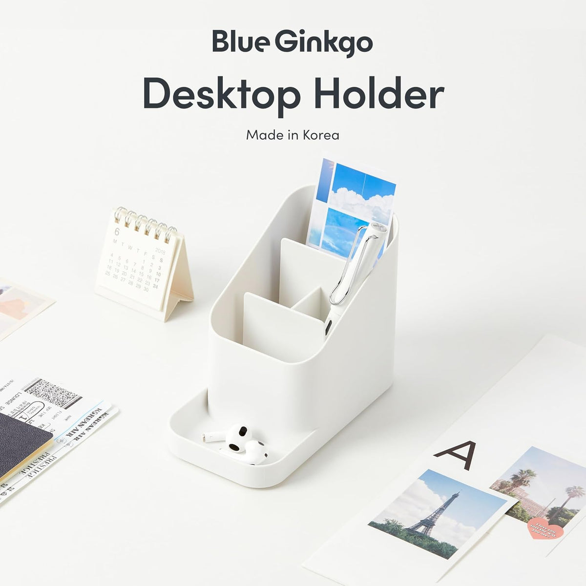 BLUE GINKGO Pen Holder, Desk Organizer, White, Made in Korea
