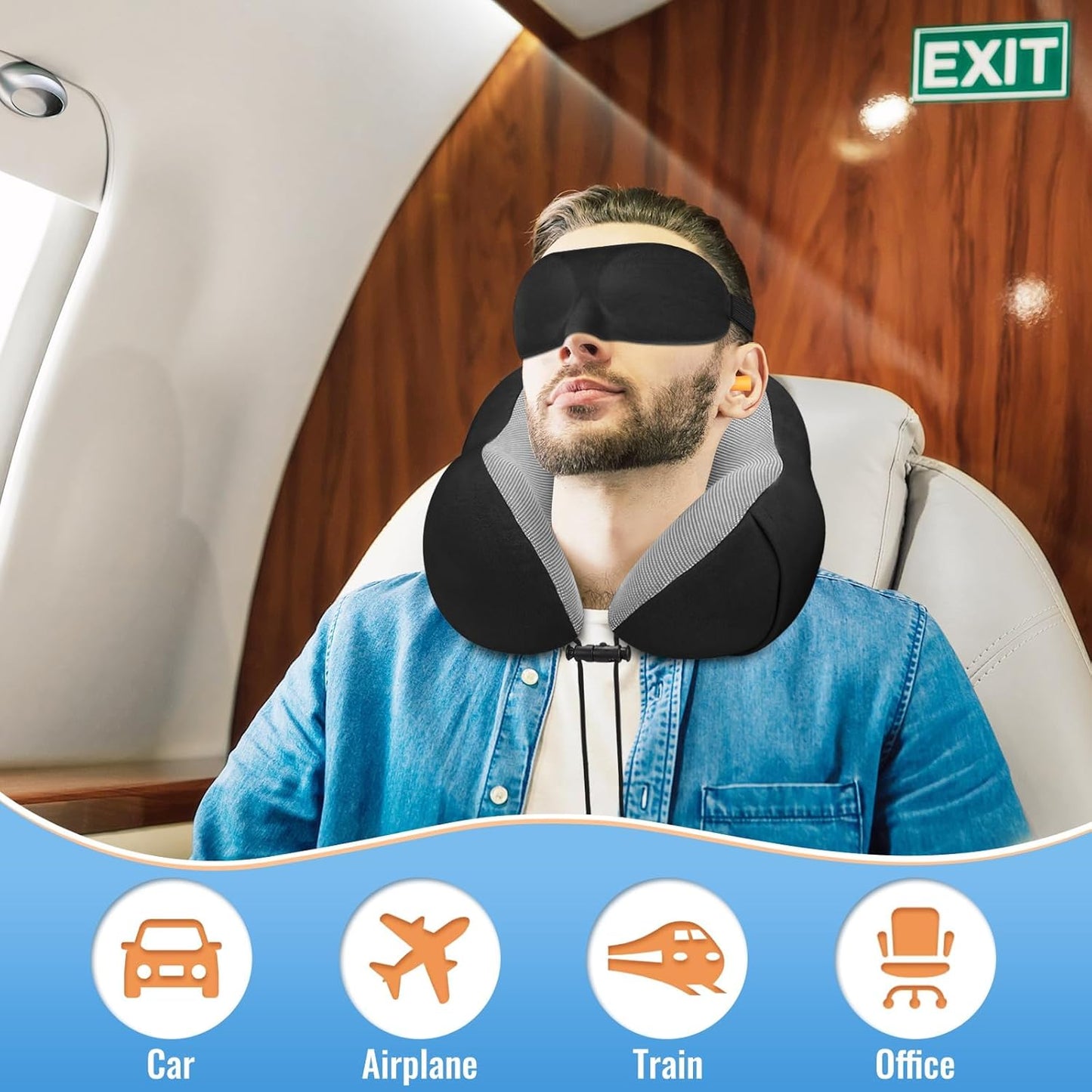 CloudBliss Travel Pillow for Airplane, Set of 2 Memory Foam Neck Pillow for Travel, Travel Neck Pillow for Long Flight, Car & Office, Trip Accessories with Eye Mask, Earplugs, Carry Bag, Black & Black
