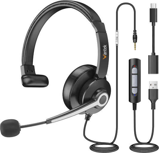 Wantek USB & 3.5mm Headset with Mic for PC/Laptop,Wired Headset with Noise-Cancelling Microphone & Audio Controls Perfect for Home Office Online Class Skype Zoom Call Center Webinar,Monaural