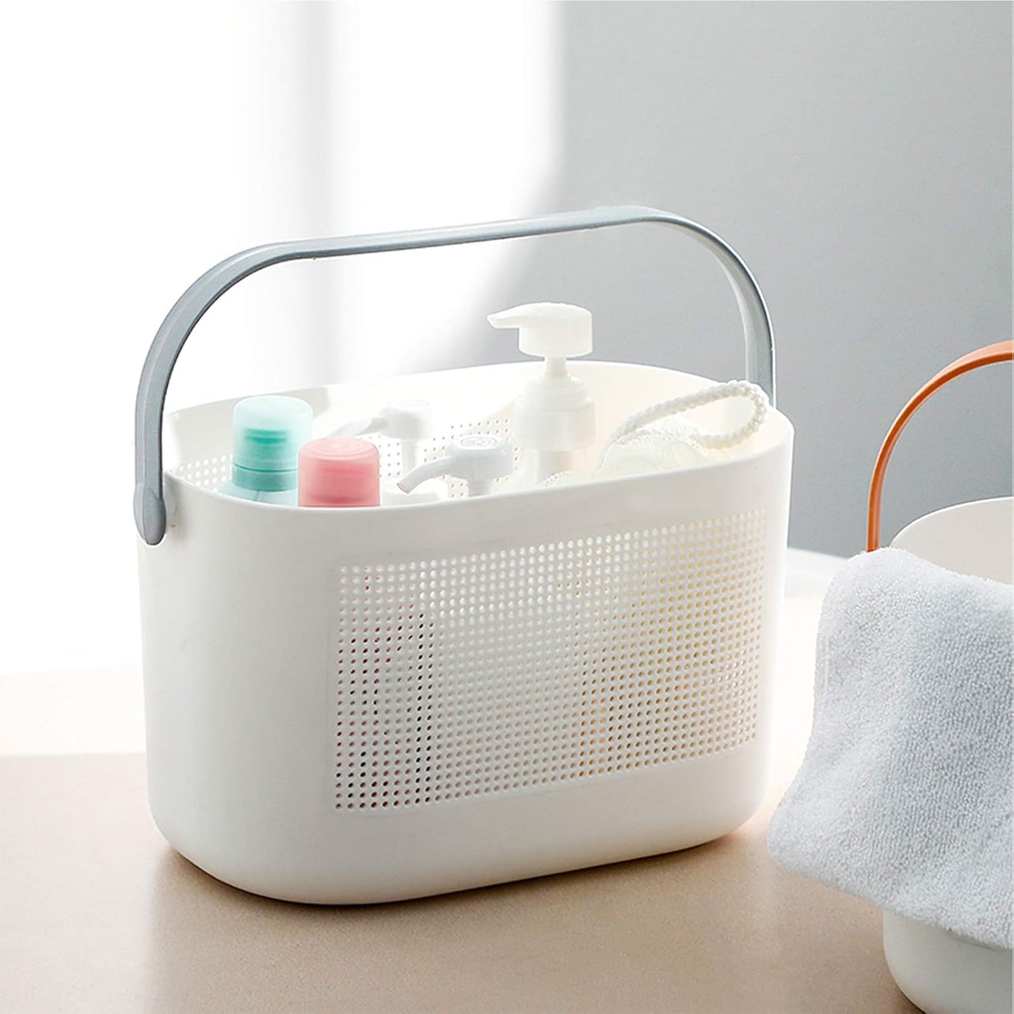 UUJOLY Plastic Storage Baskets with Handles, Shower Caddy Shelf Organizers Basket for Bathroom, Kitchen, Dorm Room, Grey