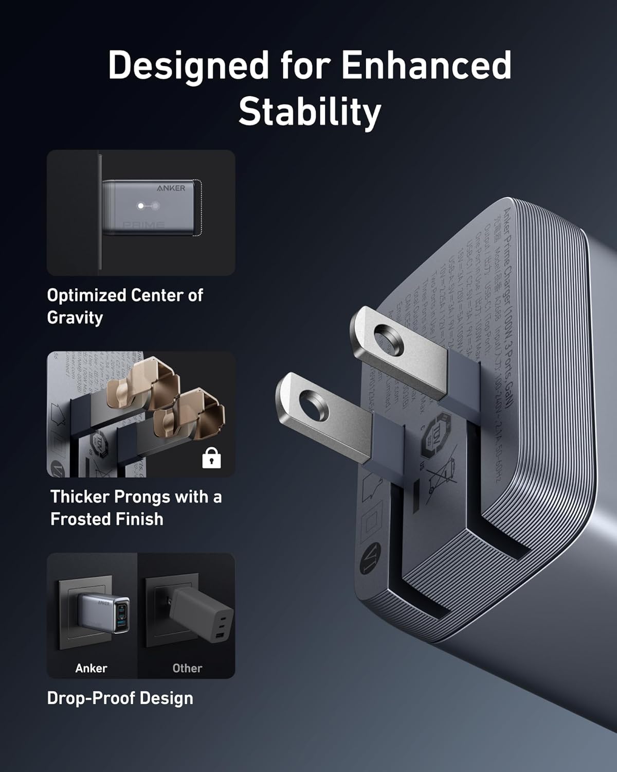 Anker Prime Charger, 100W 3-Port GaN USB C Charger Block, Fast Charging wall Charger, Foldable and Compact for MacBook, iPad, iPhone 17 Series, Galaxy S24/S23, and More