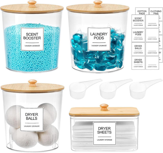 Laundry Pods Container & Dryer Sheet Holder, Laundry Room Organization and Storage Jars with Lids, Labels & Scoops for Powder Detergent Scent Booster