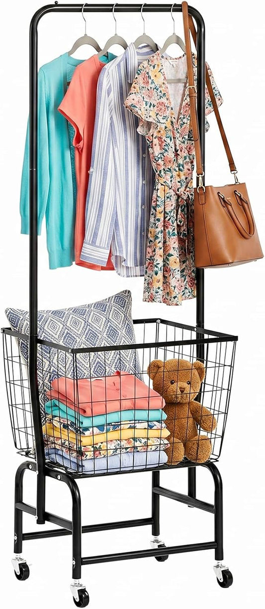 ALIMORDEN Laundry Cart with Clothes Rack, Rolling Laundry Cart with Wheels, Extra Large Basket, Black